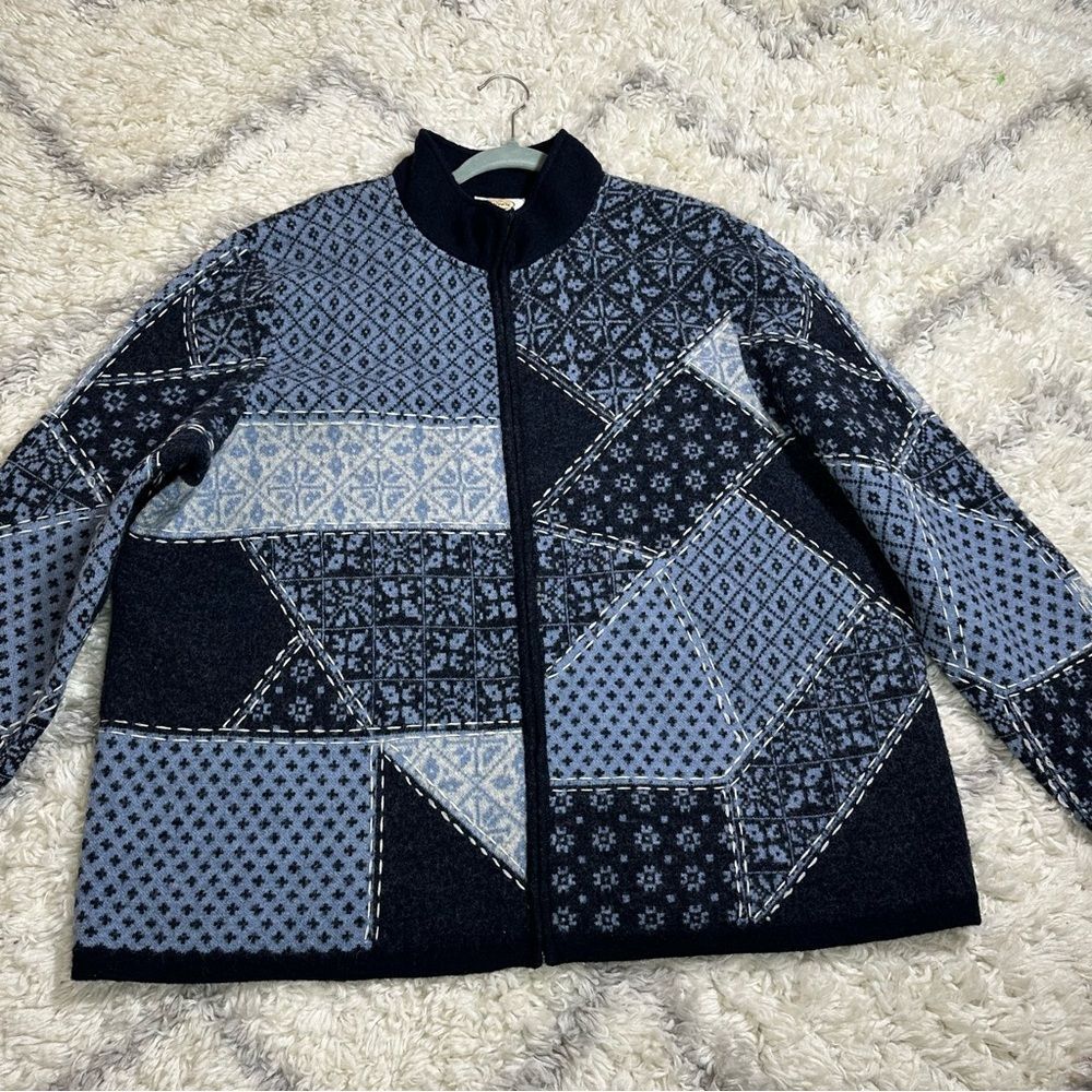 Talbots Navy and Light Blue Patchwork Bomber Jacket 100% MERINO WOOL - Picture 7 of 10